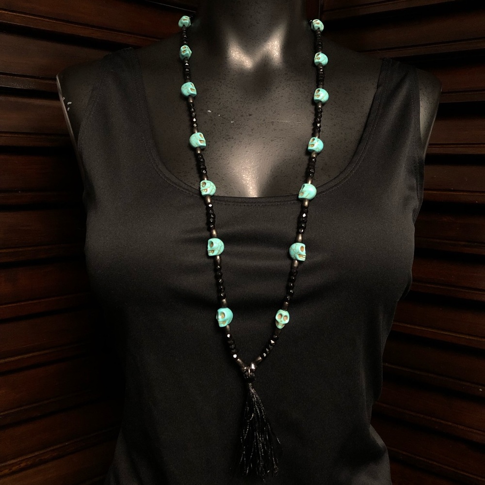 Turquoise Skull Mala Style Black Glass Beads Necklace One of a Kind Handmade